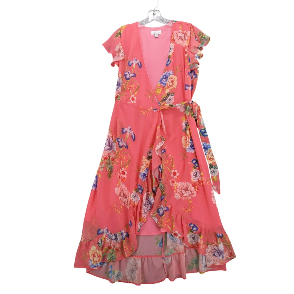 Sweet Pea New York & Company Floral Wrap Dress Ruffle High Low Sz M Staci Frati